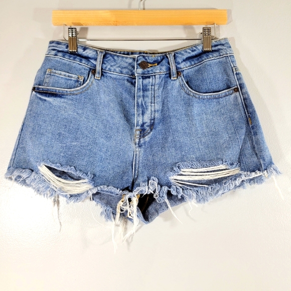 Brandy Melville Pants - BRANDY MELVILLE high waist button fly distressed rigid denim festival shorts